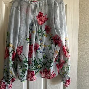 White House Black Market Floral Blouse with Pink and Green Hues